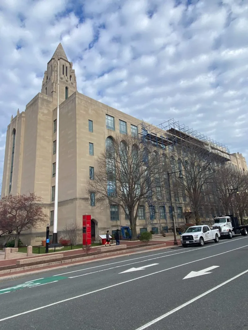 Boston University, with scaffold at the roof line