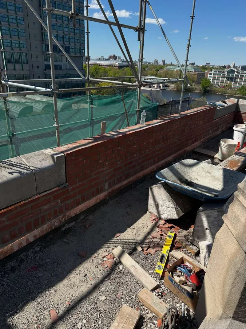 Rebuilt brick parapet before the coping goes on