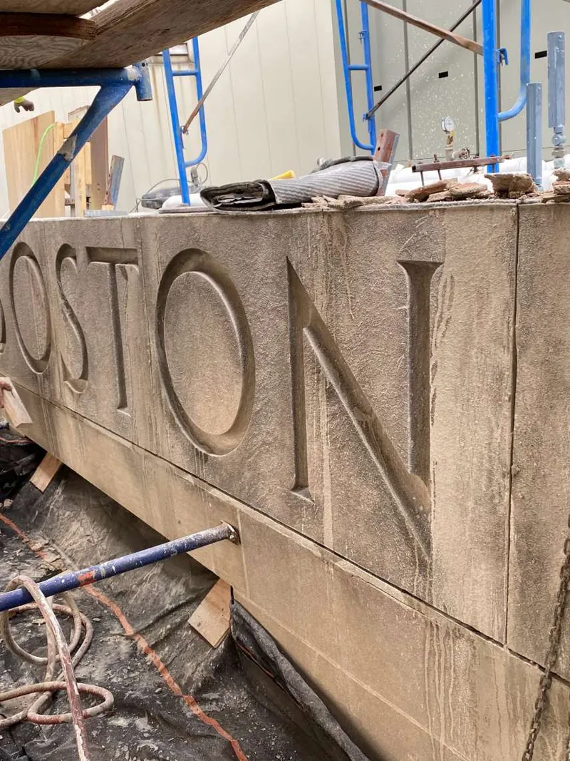 Carved stone at the parapet during the rebuild