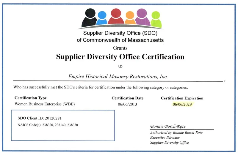 Massachusetts Supplier Diversity Office certificate naming Empire Historical Masonry Restorations, Inc. as a Women Business Enterprise